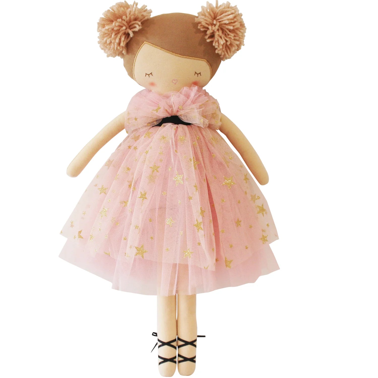 Doll in a pink dress with gold stars on a white background