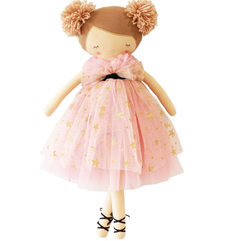Alimrose Halle Ballerina Doll with a pink tulle layered dress, gold stars, and pom-pom yarn hair.