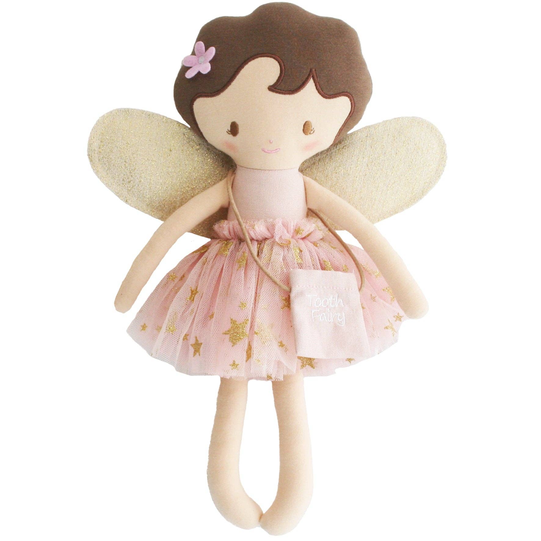 A plush doll resembling a tooth fairy with a pink and gold outfit, a small bag, and wings on her back.