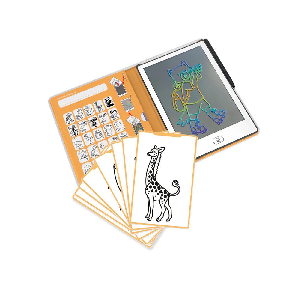 Drawing tablet with stylus and pre-drawn animal cards on a white background