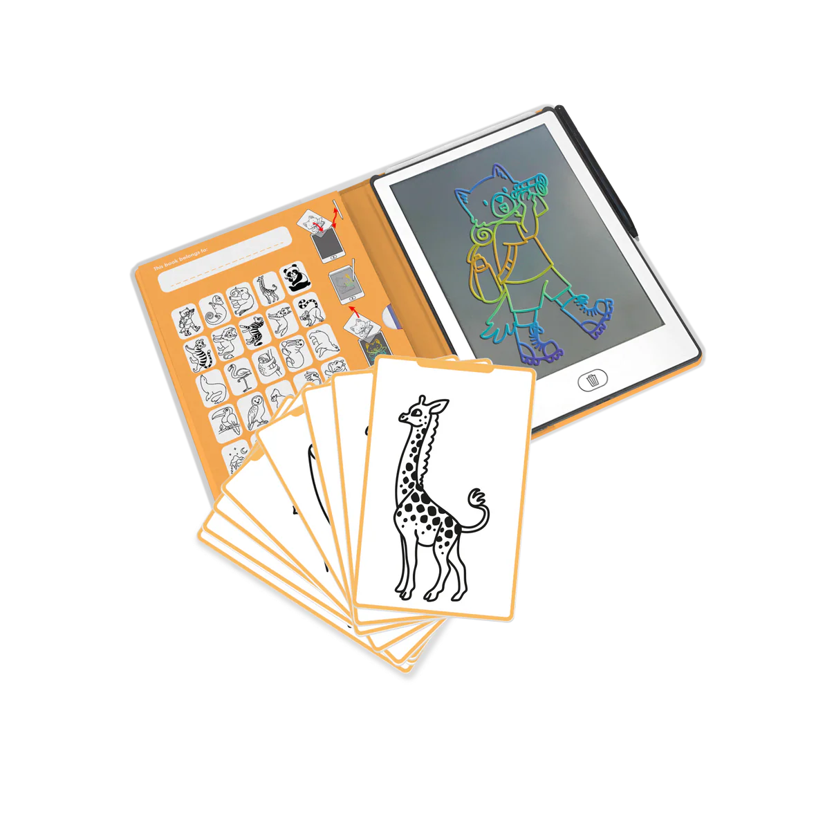 Drawing tablet with stylus and pre-drawn animal cards on a white background