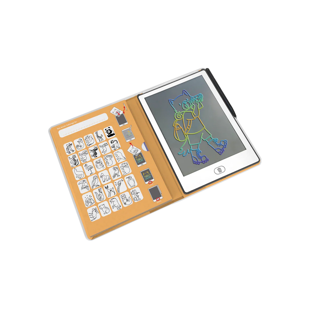Small electronic device with a screen displaying a drawing and a compartment with stickers on a white background