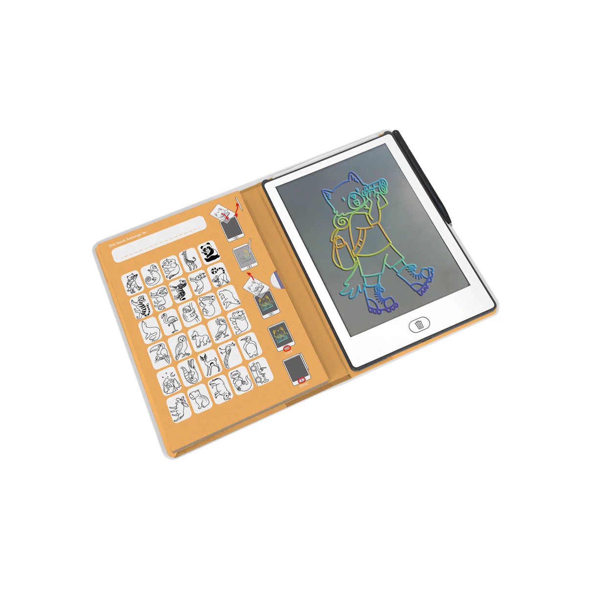 Small electronic device with a screen displaying a drawing and a compartment with stickers on a white background