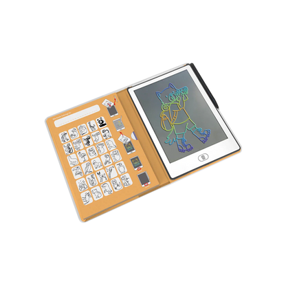 Small electronic device with a screen displaying a drawing and a compartment with stickers on a white background