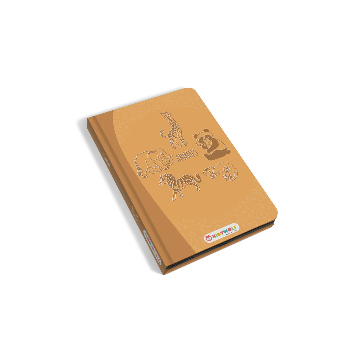 Brown notebook with animal illustrations on a white background