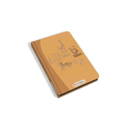 Brown notebook with animal illustrations on a white background