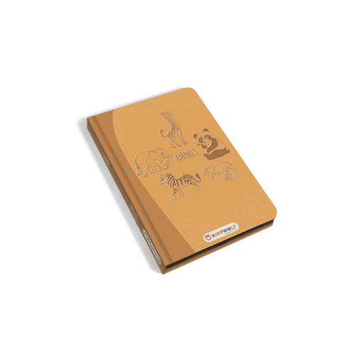 Brown notebook with animal illustrations on a white background