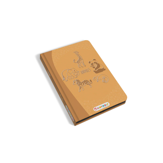 Brown notebook with animal illustrations on a white background