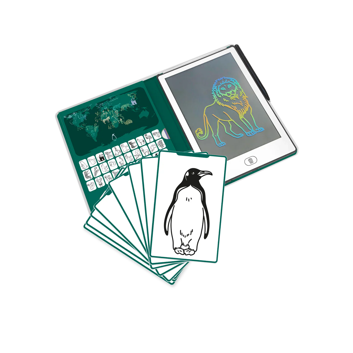 Set of flashcards with illustrations and a small electronic device on a white background