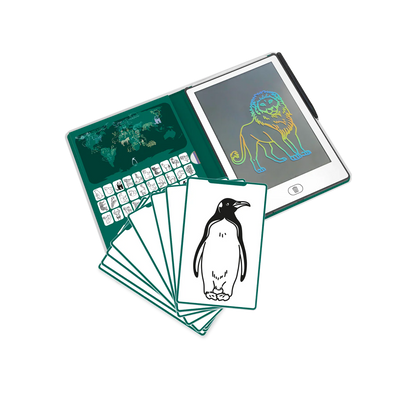 Set of flashcards with illustrations and a small electronic device on a white background