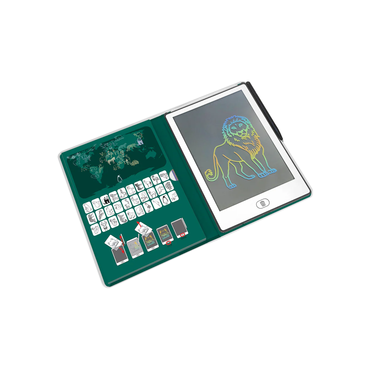 Green electronic device with a screen displaying a lion drawing on a white background