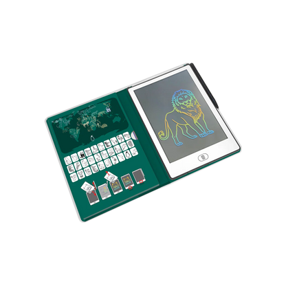 Green electronic device with a screen displaying a lion drawing on a white background