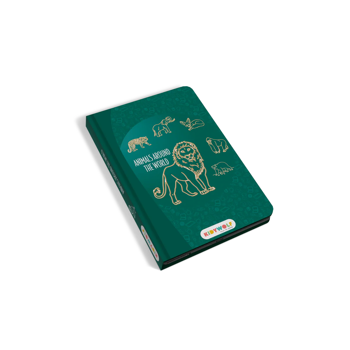 Green book with animal illustrations on a white background