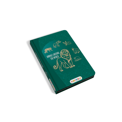 Green book with animal illustrations on a white background