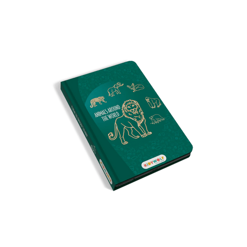Green book with animal illustrations on a white background