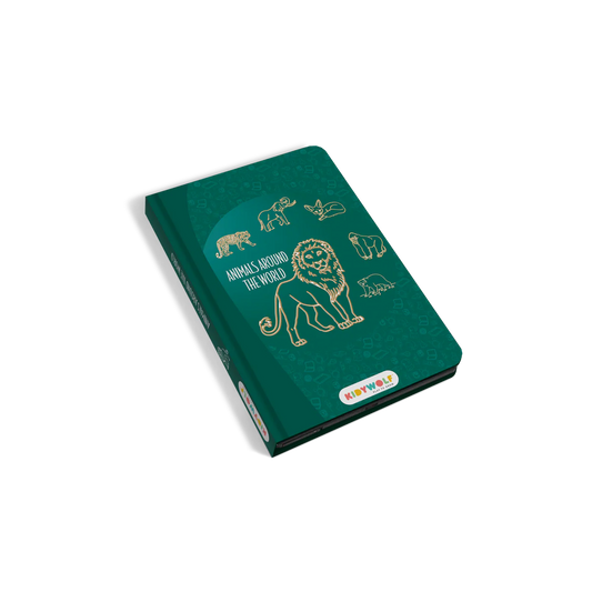 Green book with animal illustrations on a white background