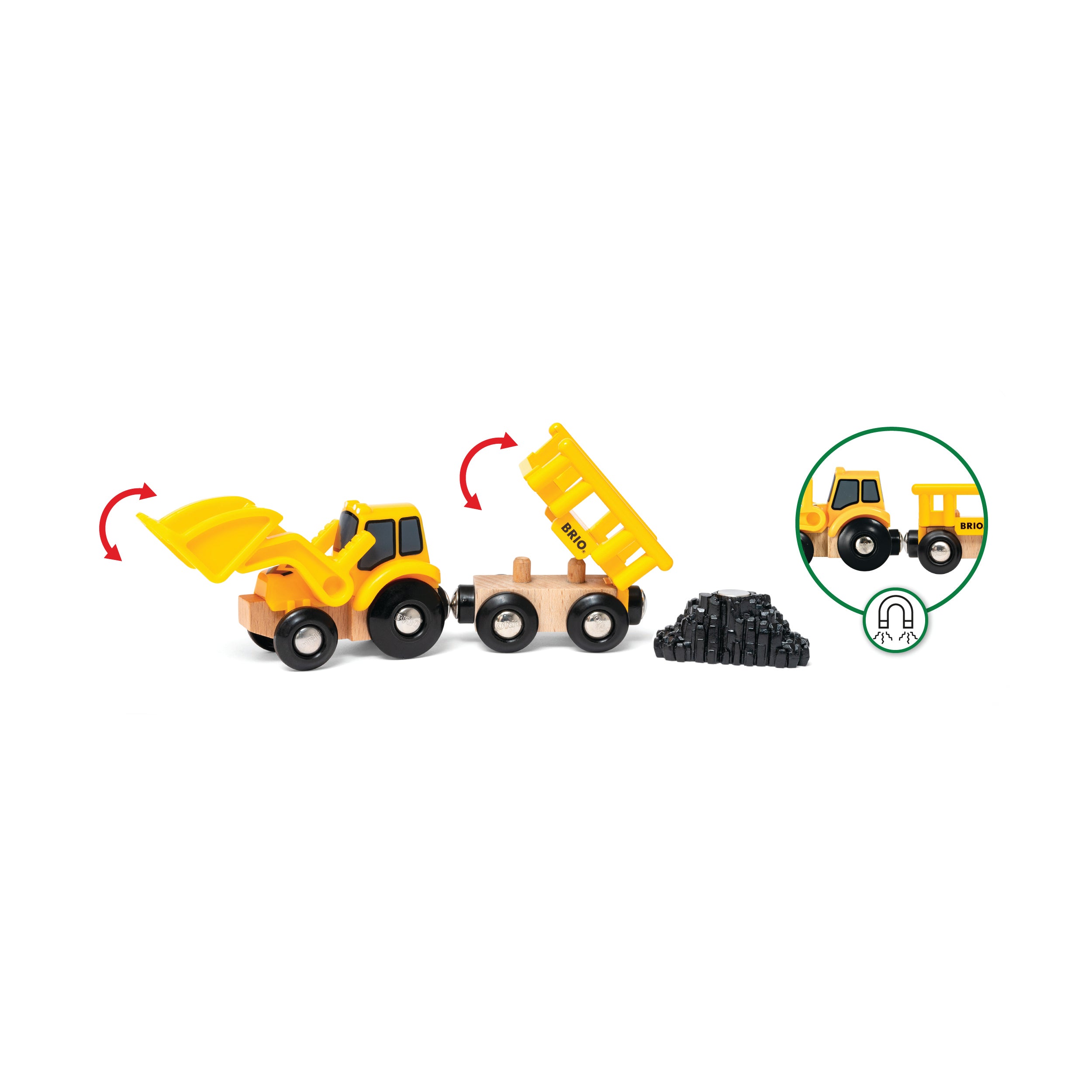 Toy construction vehicle set with a bulldozer and trailer on a white background