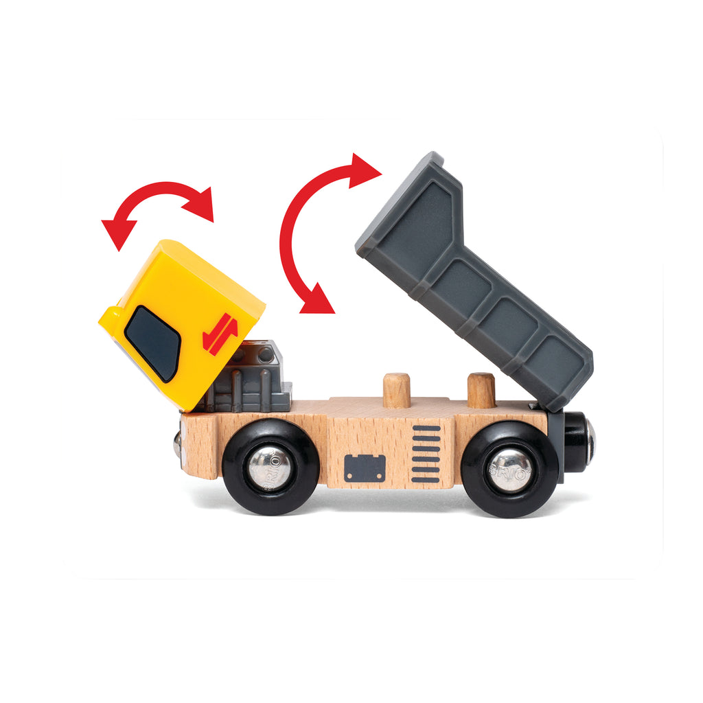Toy dump truck with open bed on a white background