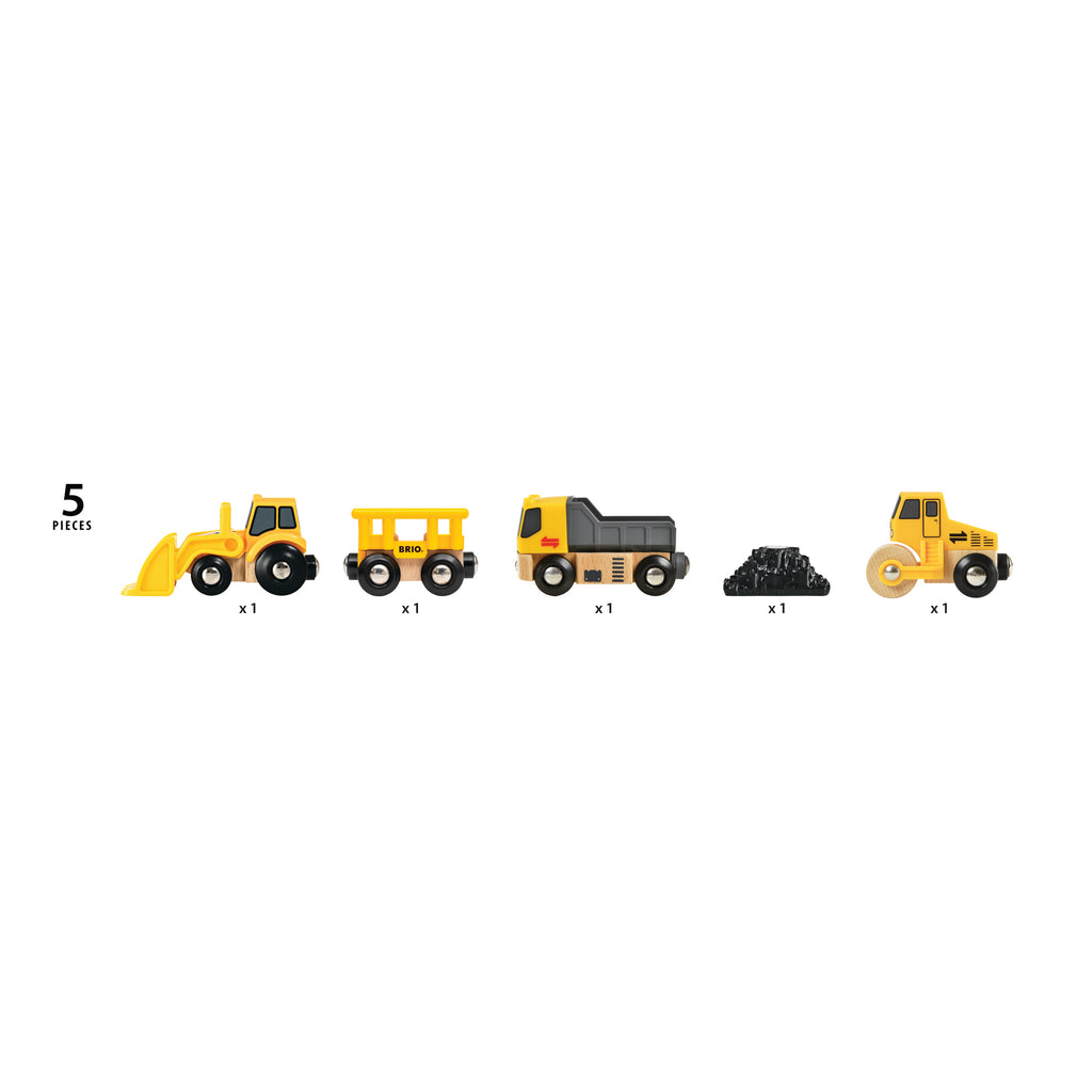 Set of five toy construction vehicles on a white background