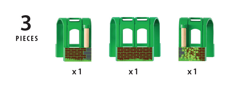 Three green plastic pieces with brown blocks on a white background