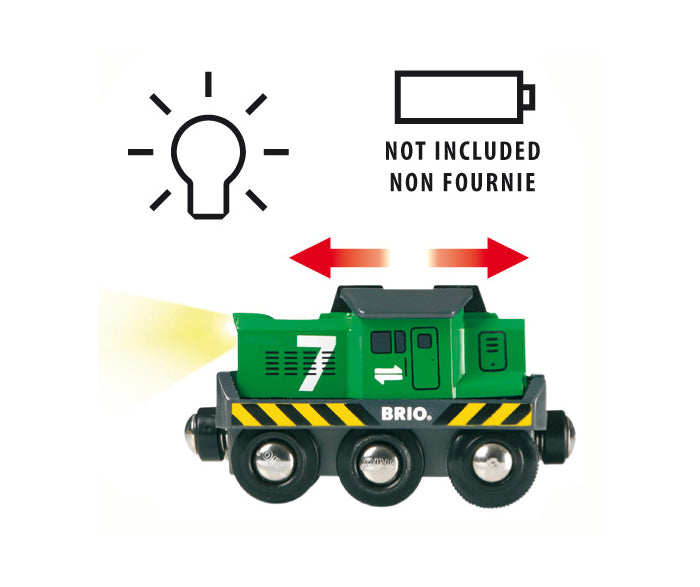 Toy train with light bulb icon and battery symbol on a white background