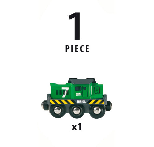 Green toy train engine with black text on a white background