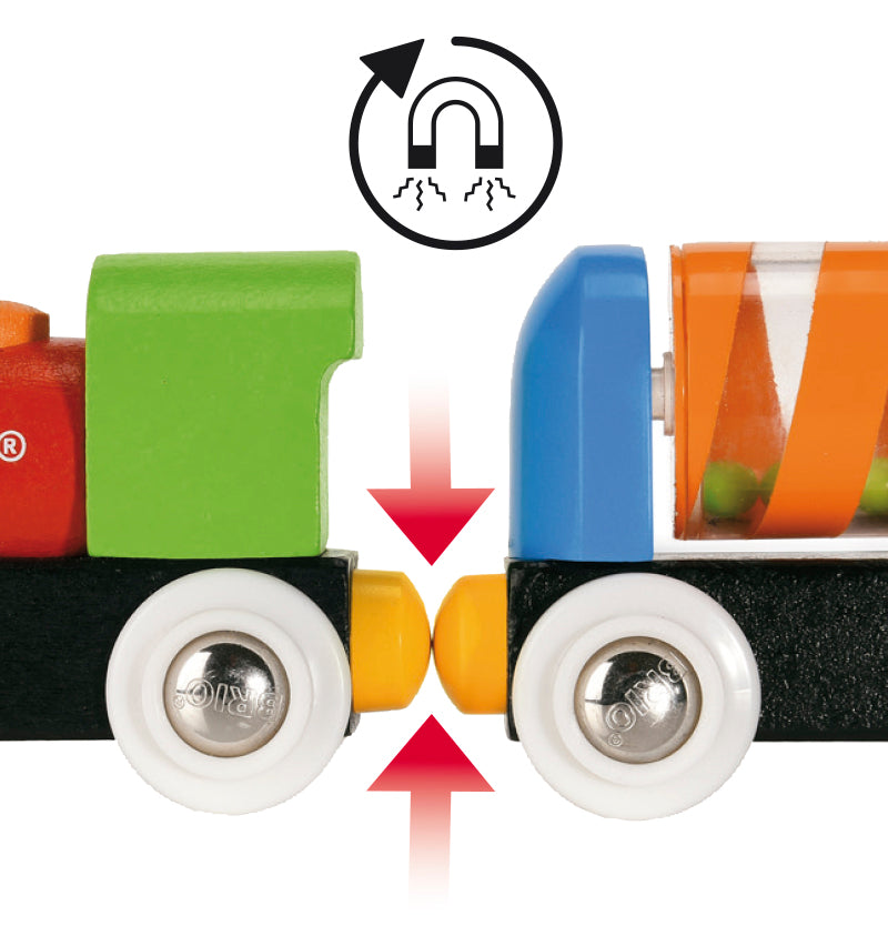 Colorful toy train car with wheels and a clear plastic component on a white background.