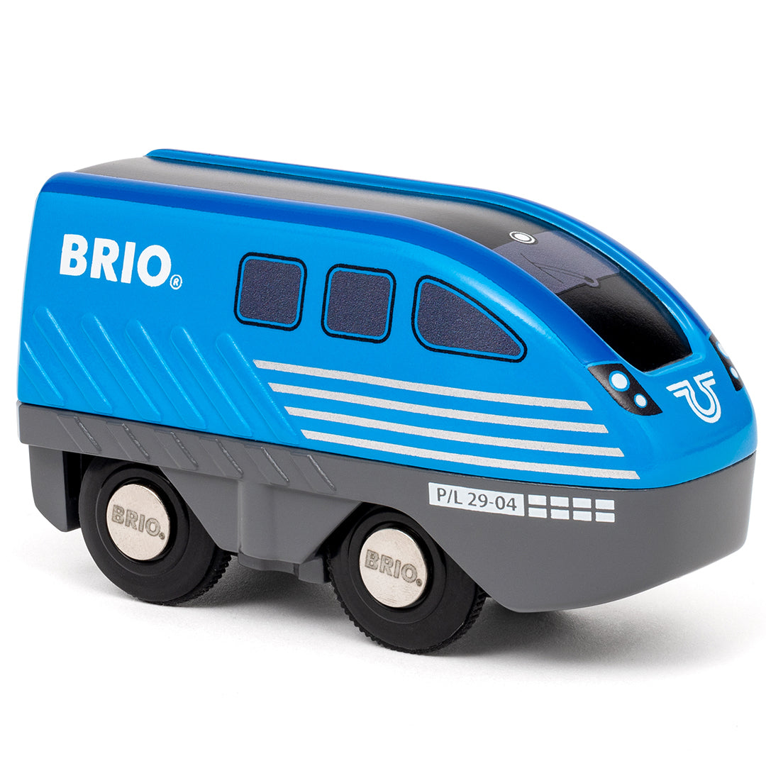 Blue toy train with Brio branding on a white background