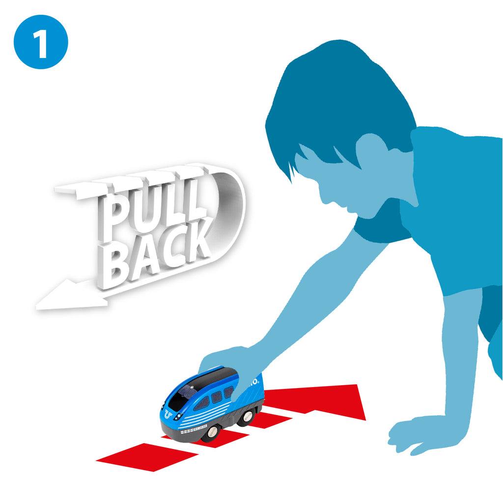 Illustration of a child playing with a toy train on a white background