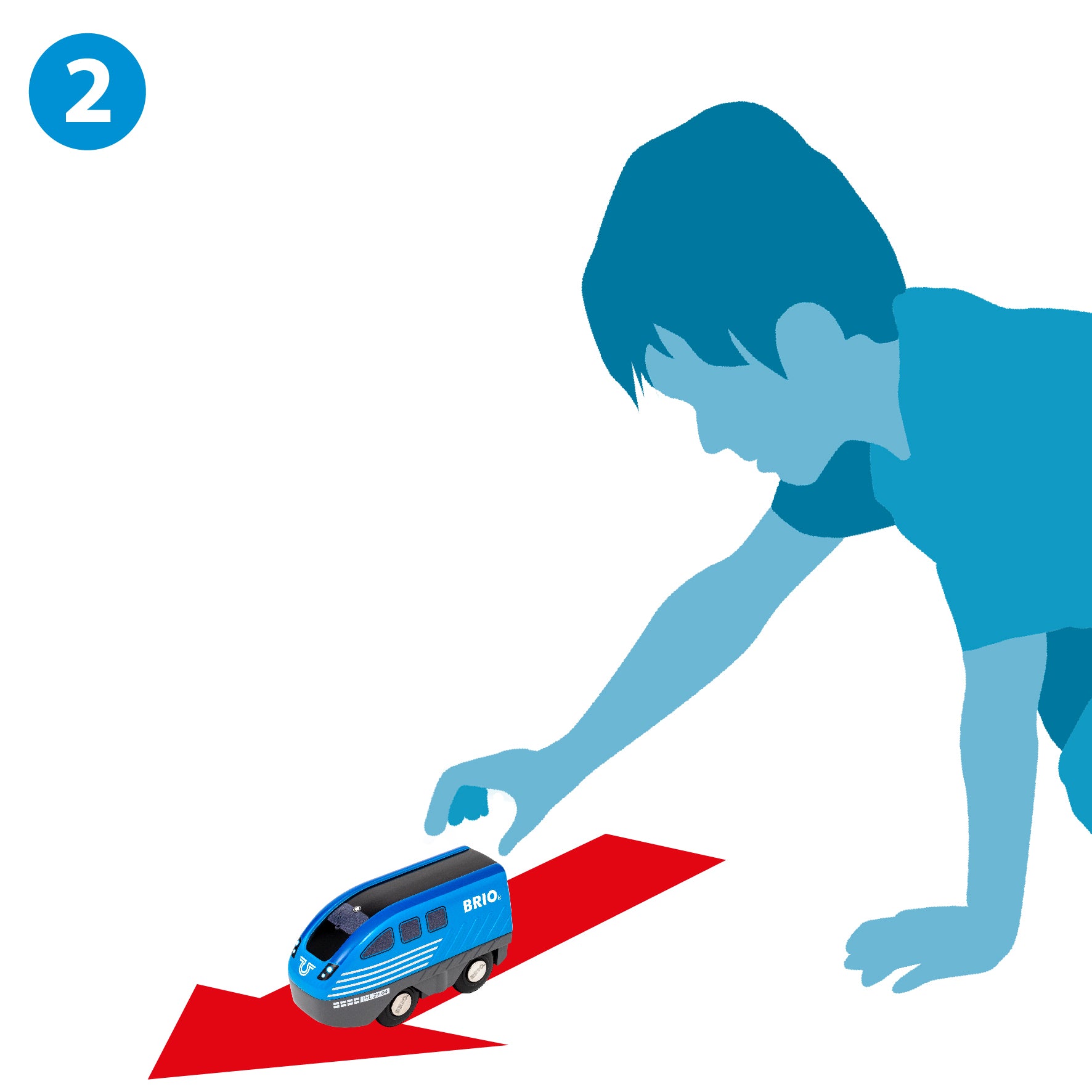 Illustration of a child playing with a toy car on a red path, with a blue number 2 in the corner.