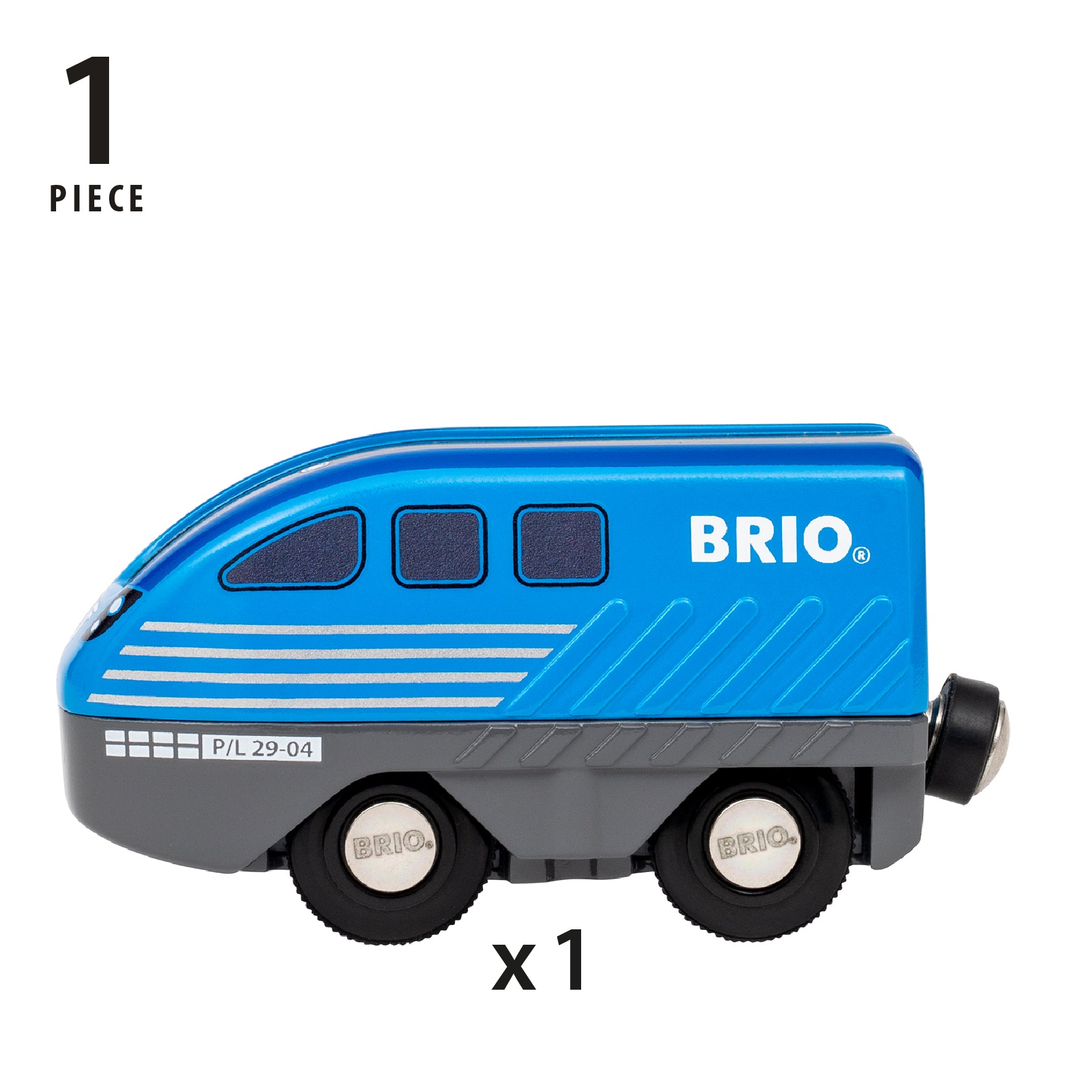 Blue and gray Brio train toy on a white background