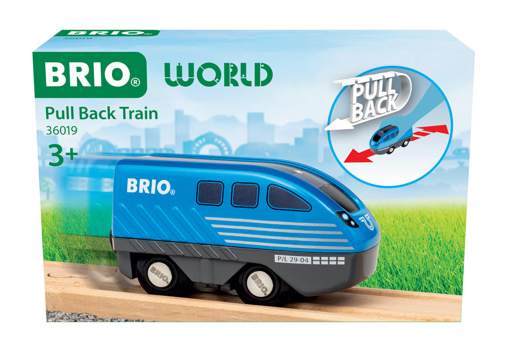 BRIO World pull back train toy packaging with blue train on a white background