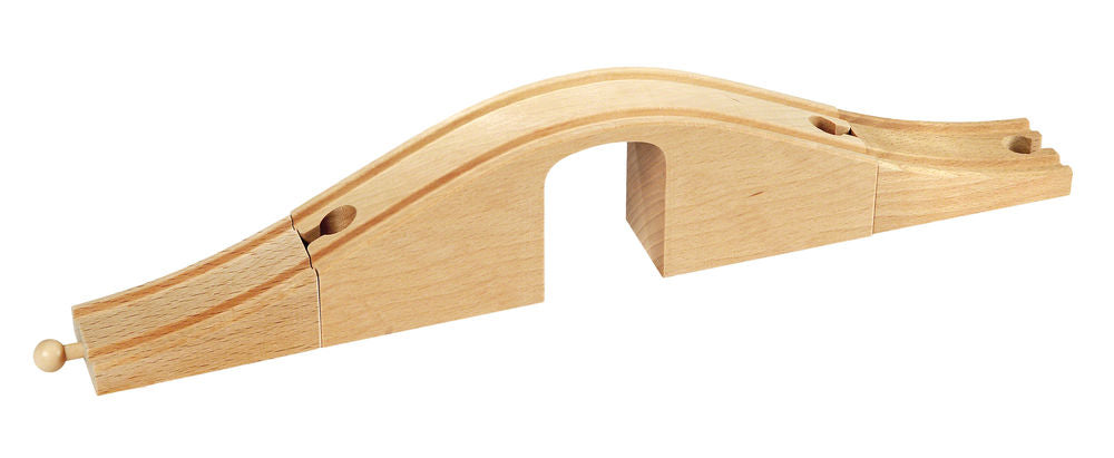 Wooden toy train track piece on a white background