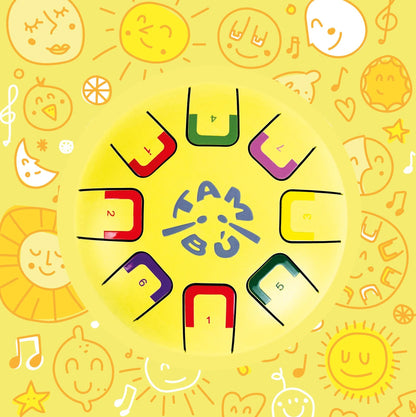 Colorful design with musical notes, stars, and a central logo on a yellow background