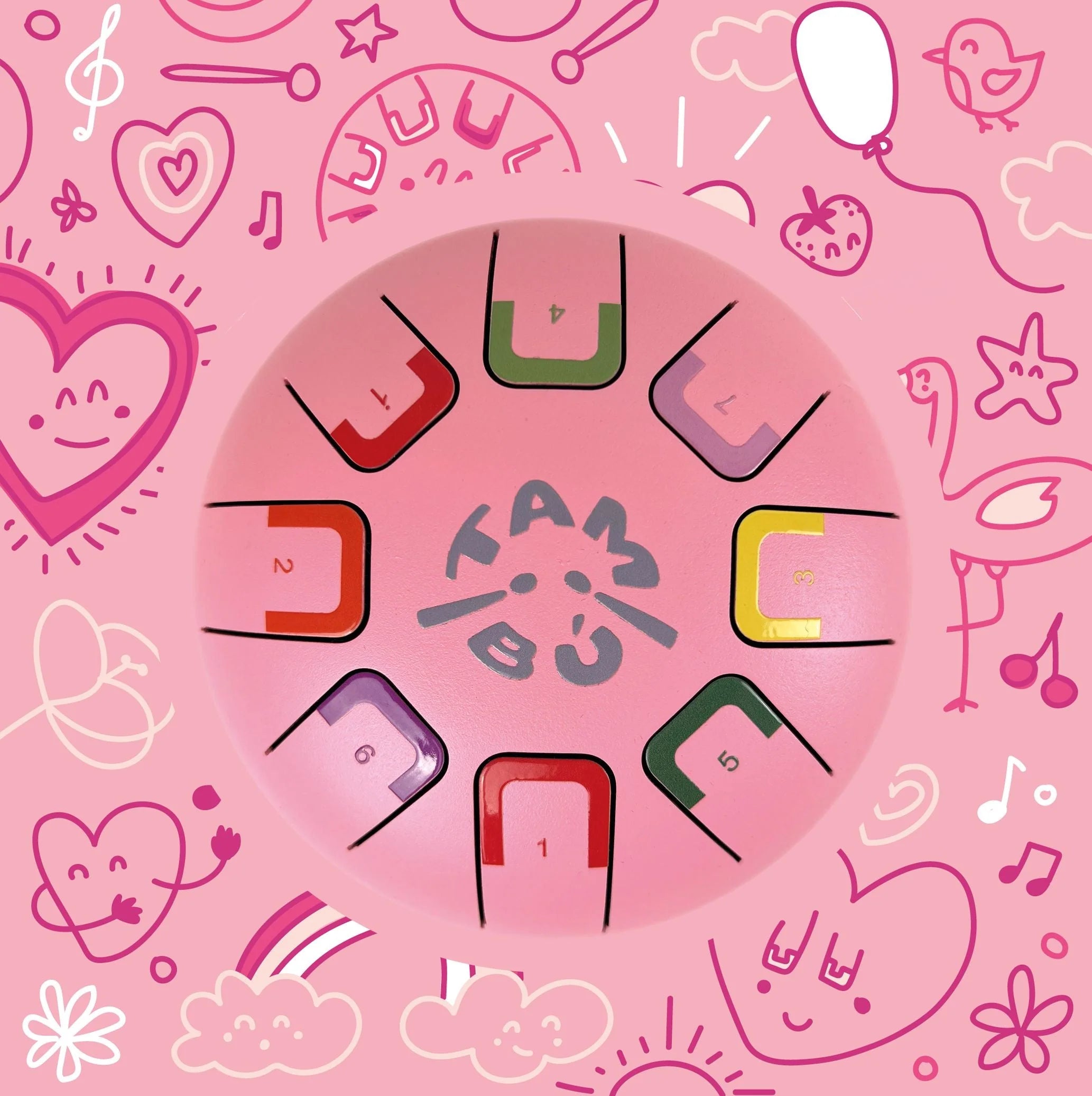 Circular design with colorful bags on a pink background with various illustrations