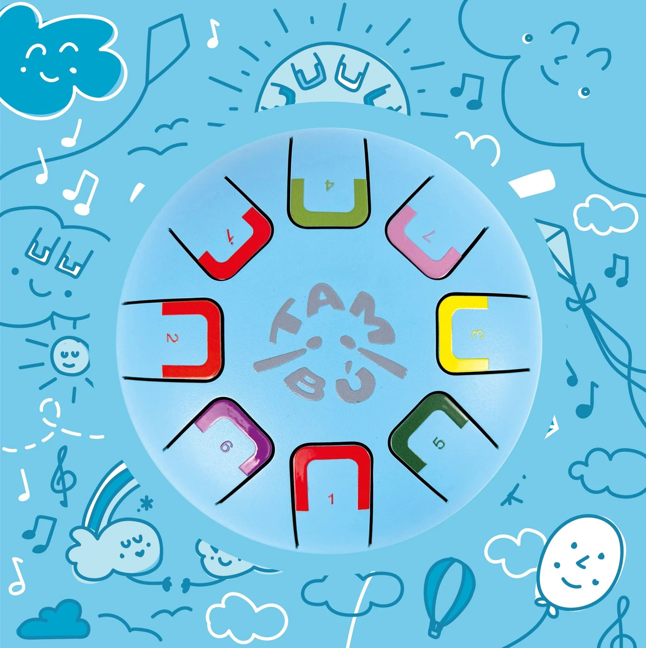 Colorful musical notes and cloud illustrations on a blue background