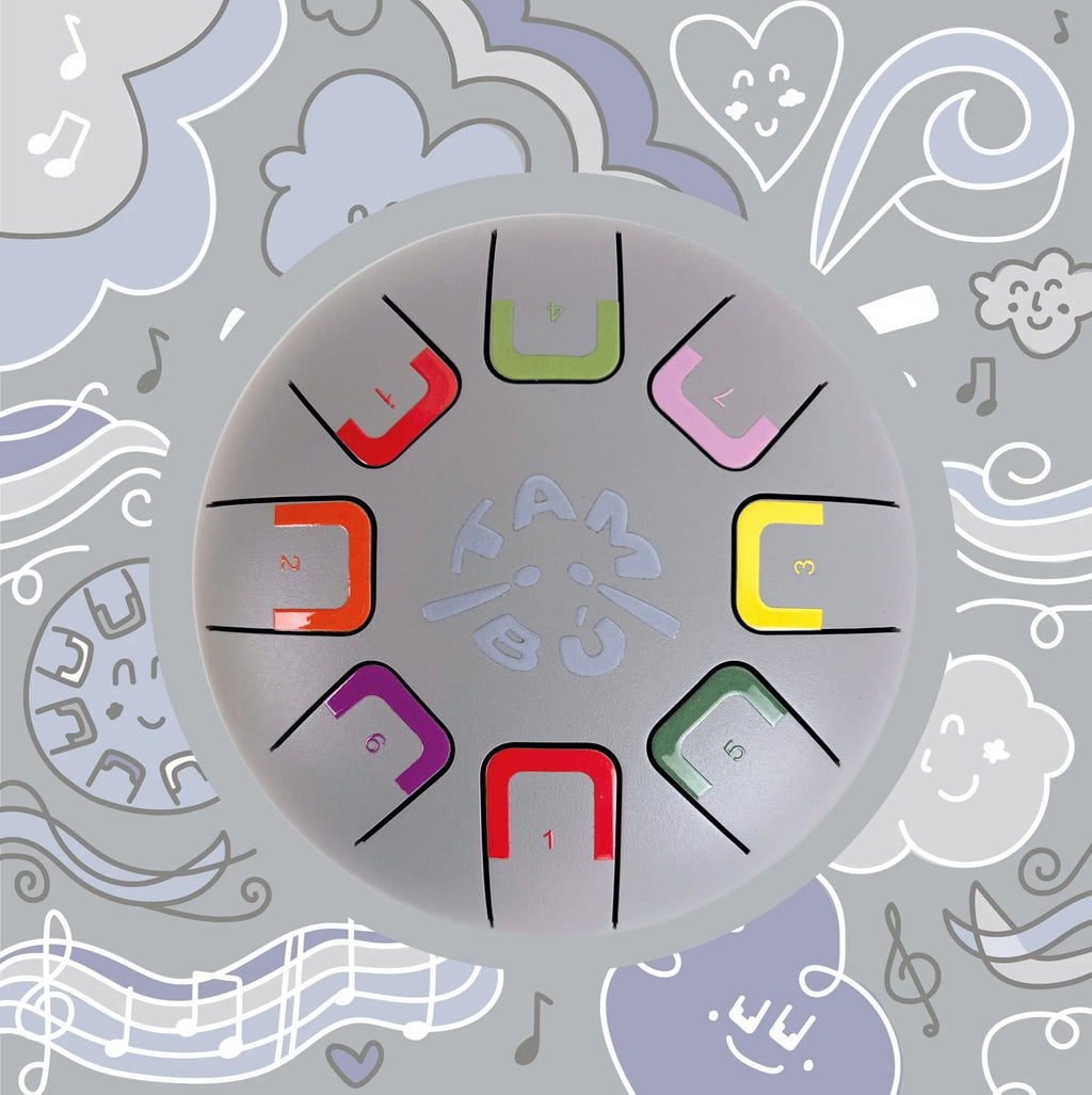 Circular object with colorful letters on a patterned background