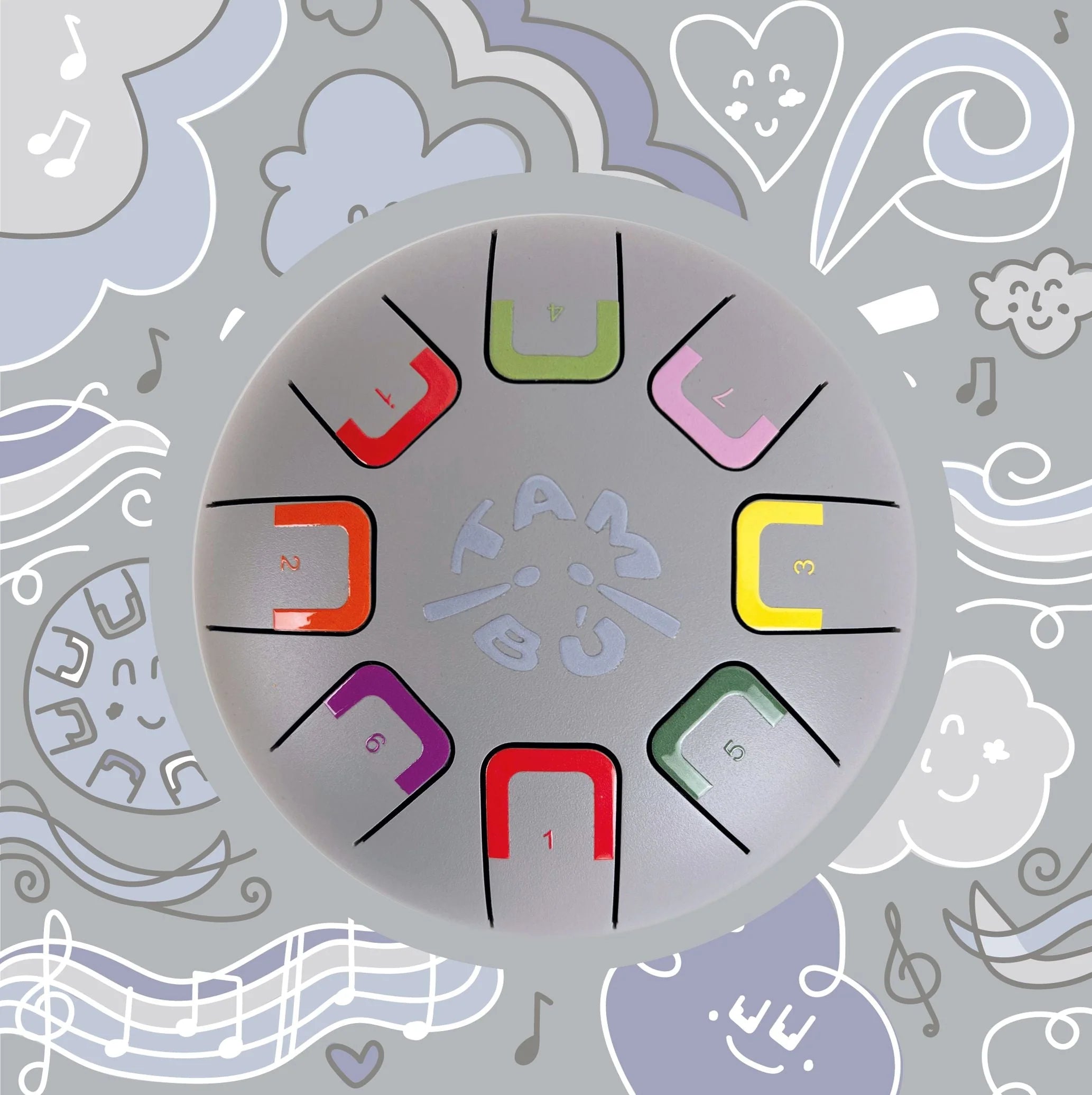 Circular object with colorful letters on a patterned background