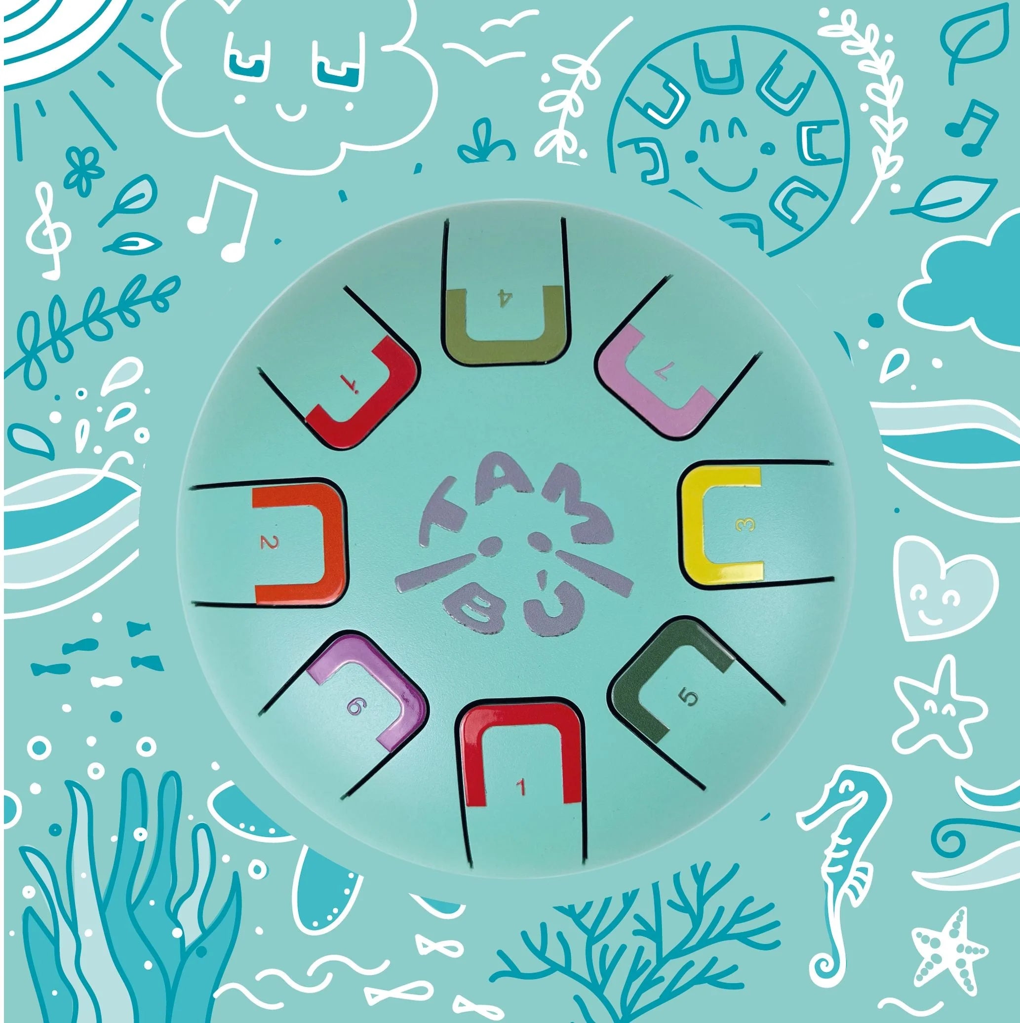 Decorative plate with colorful letters on a blue background with sea-themed illustrations