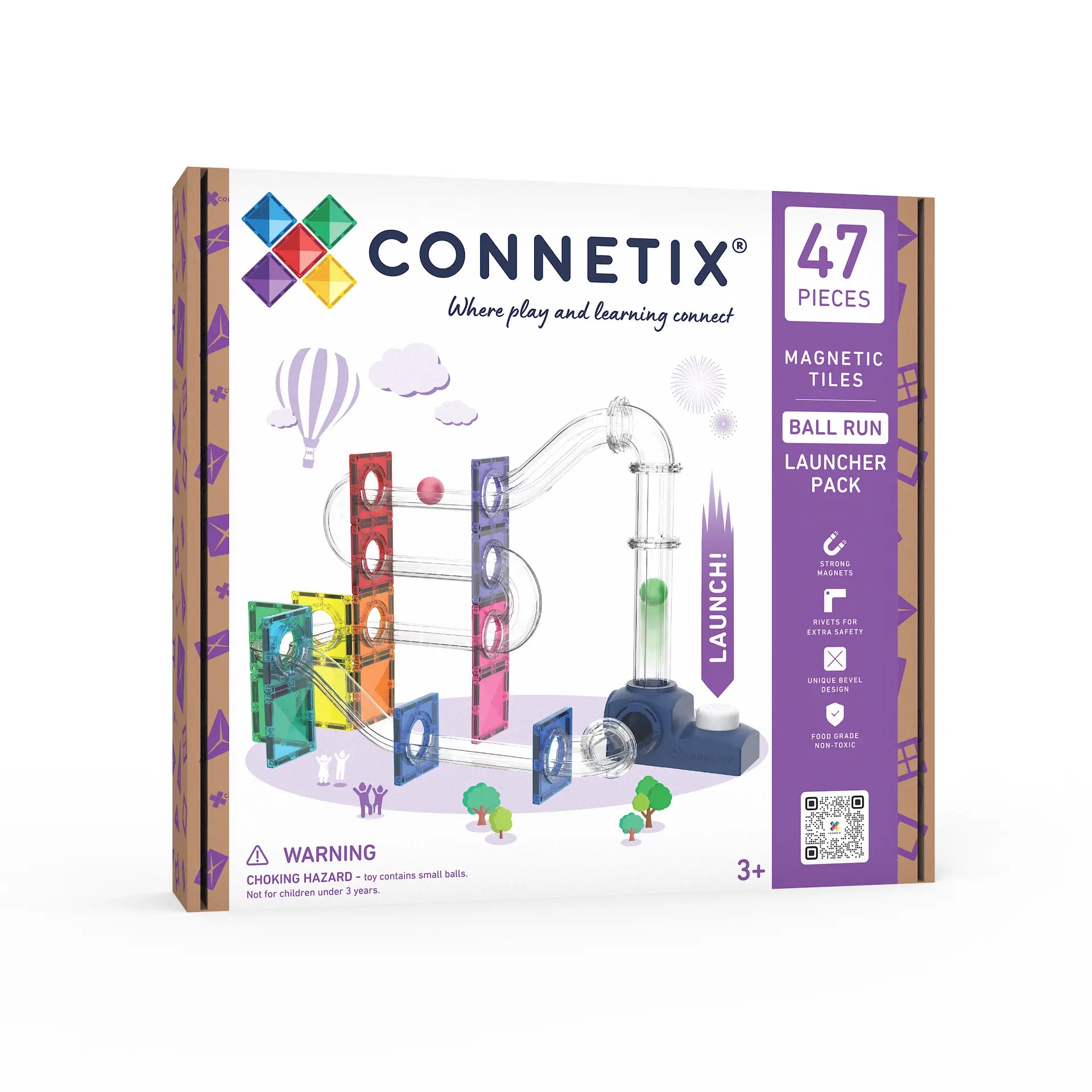 Connetix Ball Run Launcher Pack toy box, featuring 47 magnetic tiles. The packaging is white and purple with colorful illustrations of the assembled marble run toy and product features listed on the side.