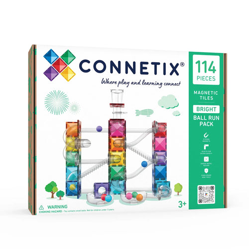 Connetix Bright Ball Run Pack box, containing 114 pieces of magnetic tiles and balls, shown on a clean white background.