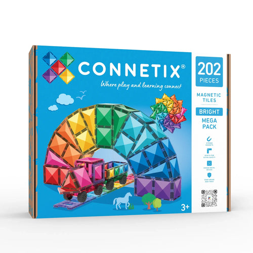 Connetix Bright Mega Pack toy set box containing 202 magnetic tiles, shown on a clean white background. The packaging features a bright blue front with a colorful graphic of a rainbow arch structure and a toy truck built from the tiles.