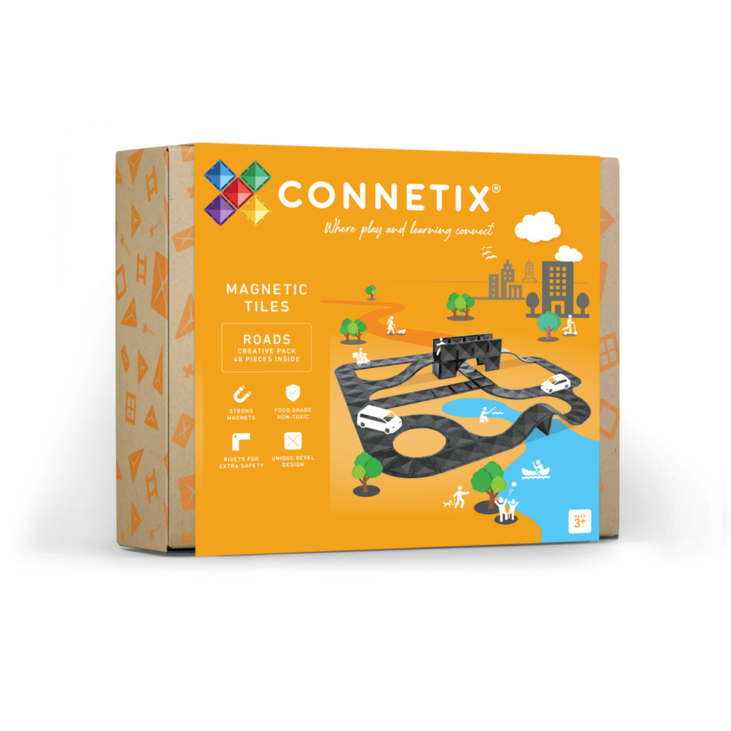 Connetix magnetic tiles packaging with road and vehicle illustrations on a white background