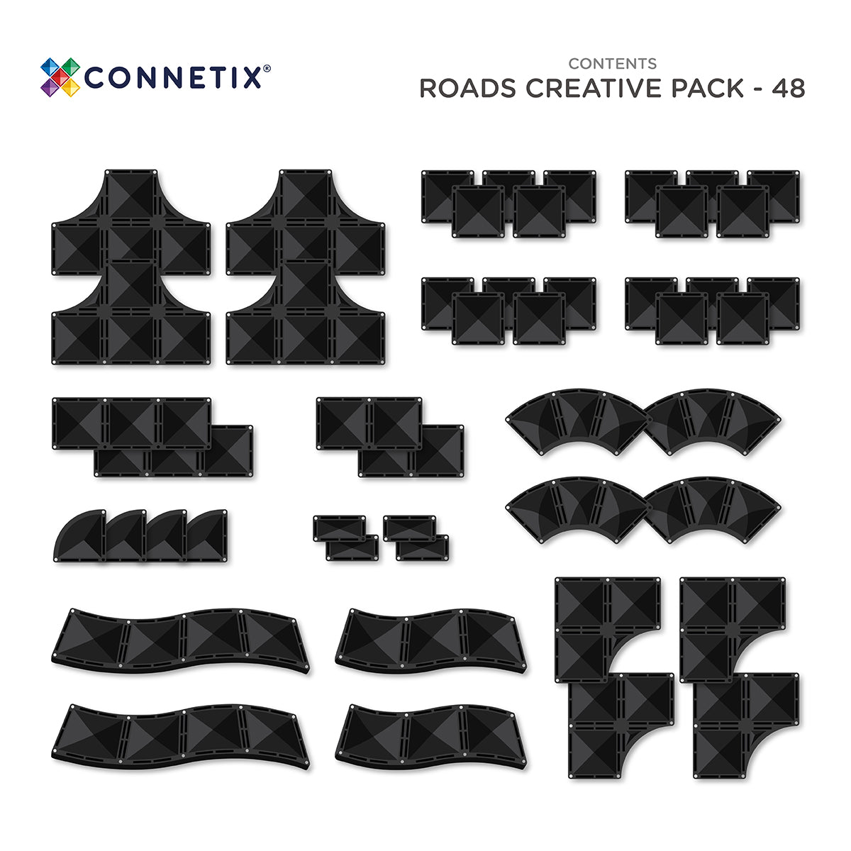 Collection of black geometric road blocks with 'Connetix' branding on a white background