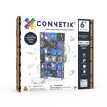 Connetix Galaxy Pack Ball Run magnetic tiles set in its retail packaging, featuring a white box with brown wood-grain side panels, a colorful logo, and product details including '61 PIECES' and 'MAGNETIC TILES'.
