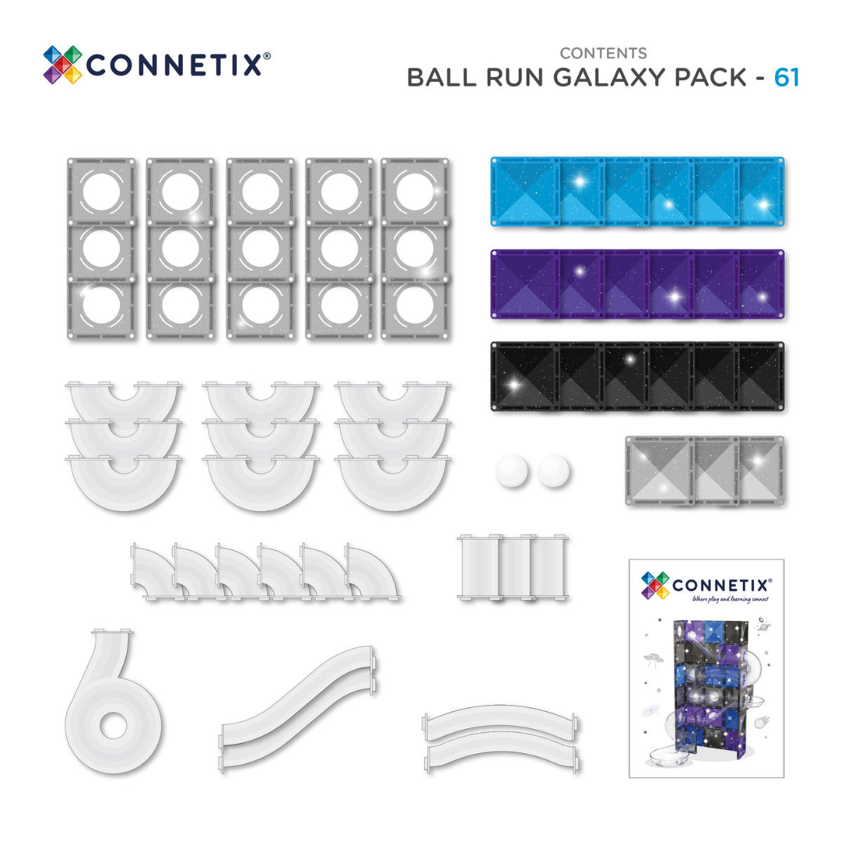 Connetix Ball Run Galaxy Pack contents layout on a white background, showing various transparent and colored magnetic tiles, curved track pieces, small round pieces, and a small printed insert card. Text at the top reads 'CONTENTS BALL RUN GALAXY PACK - 61'.