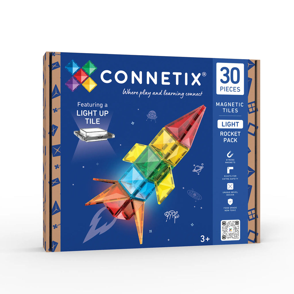Connetix Magnetic Tiles Light Rocket Pack box, featuring a blue space-themed design with a colorful assembled rocket, 30 pieces, and age 3+ rating.
