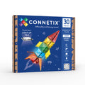 Connetix Magnetic Tiles Light Rocket Pack box, featuring a blue space-themed design with a colorful assembled rocket, 30 pieces, and age 3+ rating.