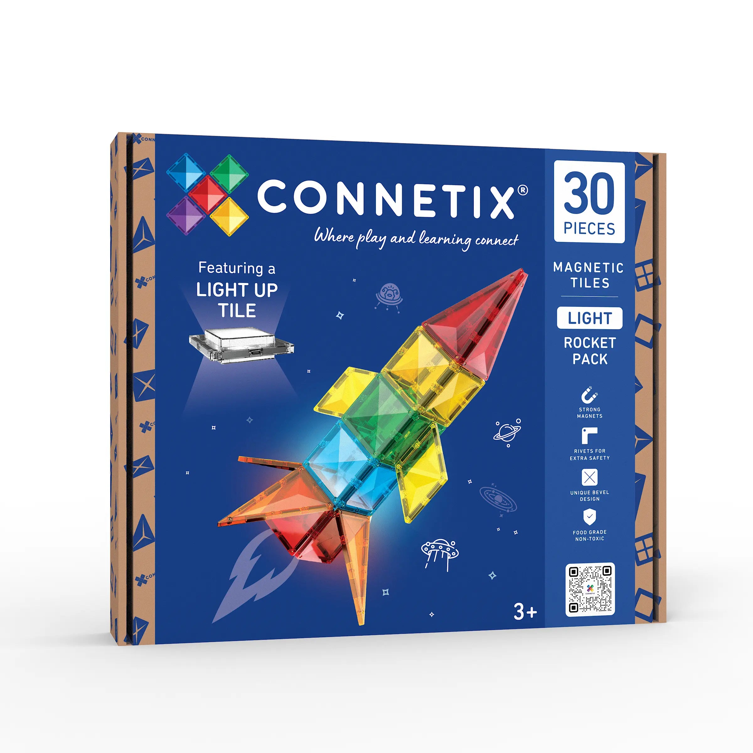 Connetix Magnetic Tiles Light Rocket Pack box, featuring a blue space-themed design with a colorful assembled rocket, 30 pieces, and age 3+ rating.