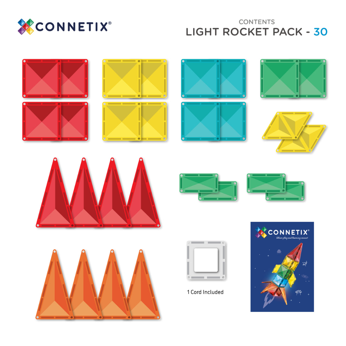 Connetix Light Rocket Pack contents layout on a white background, showing red, yellow, blue, green, and orange magnetic tiles, rocket pieces, a connector, a 1 cord, and the product box.